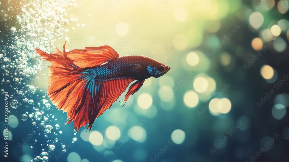 Poster a serene underwater scene featuring a betta fish exploring its habitat, with bubbles rising and colo