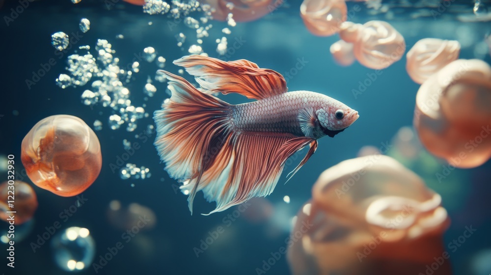 Poster a serene underwater scene featuring a betta fish exploring its habitat, with bubbles rising and colo