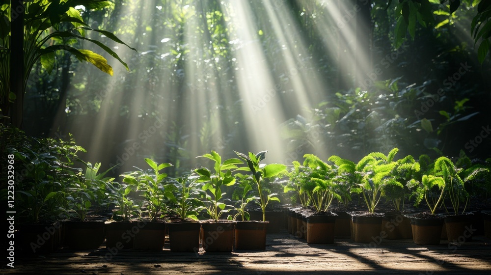Poster a serene view of a nursery filled with various tree saplings, ready for planting, with sunlight stre