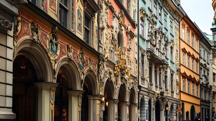 Obraz premium Majestic historic European architecture featuring ornate and elaborately designed facades with large arched entrances and windows