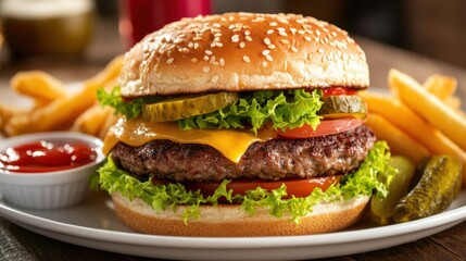 A classic and hearty beef burger with a juicy patty, melted cheese, lettuce