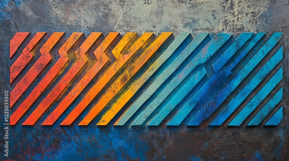 Poster a series of parallel lines in varying thicknesses and colors, creating an illusion of depth and text