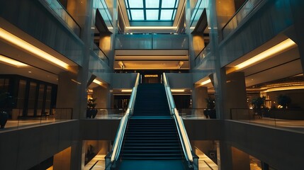 Majestic symmetrical stairway leading up in a grand luxurious hotel lobby with ornate architectural details marble floors and sophisticated lighting design
