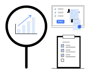 Magnifying glass focusing on a bar chart with an upward trend, digital invoice payment with receipts, and a checklist on clipboard. Ideal for business finance, productivity, analysis, financial