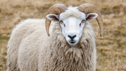 Naklejka premium Majestic horned sheep in pasture