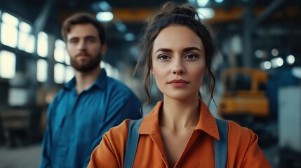 Fototapeta premium average woman wearing welder outfit and a man wearing blue shirt