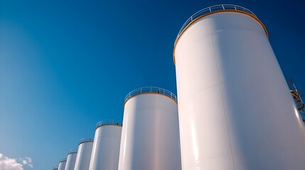 Massive cylindrical steel fuel storage tanks arranged in orderly rows at an industrial refinery facility  The tall