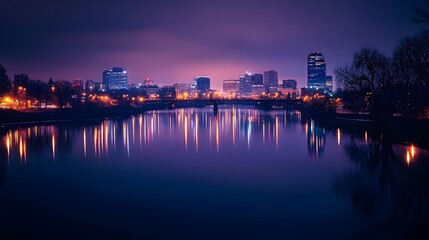 Fototapeta premium Mesmerizing night cityscape with skyscrapers and buildings reflected on the calm glimmering waters of a river at serene dusk Illuminating urban landscape with a peaceful picturesque atmosphere