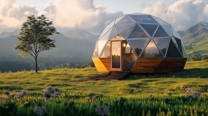 geodesic dome house with wooden and reflective metallic panels