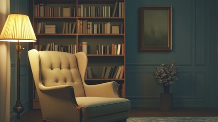 Cozy reading room with elegant armchair and warm lamp lighting