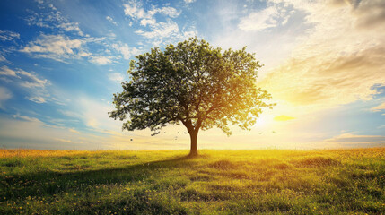 Obraz premium Sunrise over a solitary tree in a grassy field with vibrant skies
