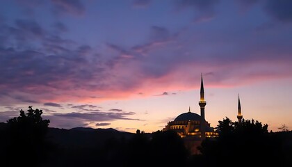 Obraz premium Mosque Silhouette Against Vibrant Sunset Sky