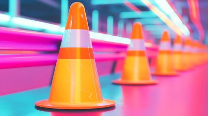 orange traffic cones and guardrails on colourful background