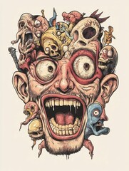 Fototapeta premium Surreal Portrait of a Man Surrounded by Distorted Faces and Skulls