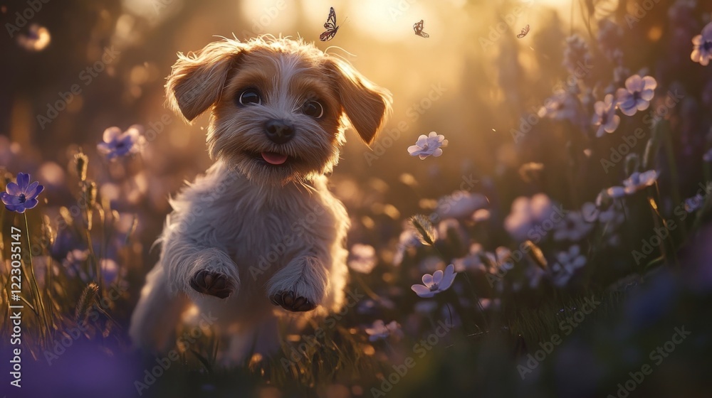 Poster a small dog prancing through a meadow, with flowers and tall grass around it, creating a whimsical a