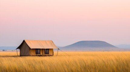 Picturesque tented safari camp nestled in a serene wilderness landscape with a stunning mountain silhouette and wildlife in the distance under a beautiful sunset sky