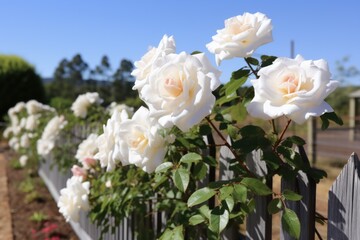 White Rose Bush Line Along Garden Fence in Tasmania, Australia - Beautiful Image of a White Rose Bush arranged along a Garden Fence with Tasmanian backdrop