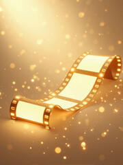Golden film reel illuminated by sparkling light, showcasing creativity and cinematic artistry in a captivating display of motion