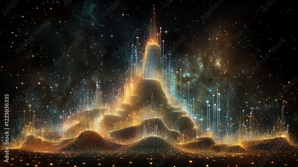 Leinwandbilder A stacked column graph with bright colors and transparent effects, set on a dark background with glowing highlights for a modern visual impact
