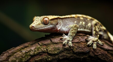 Naklejka premium Close-up of a gecko resting on a tree branch in a natural habitat
