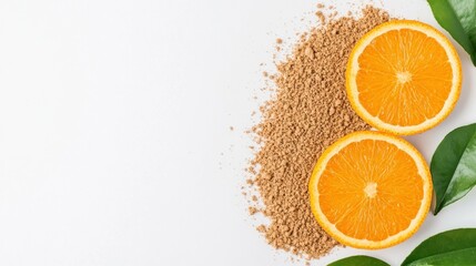 Fresh oranges and brown sugar with green leaves on a light background for healthy eating and cooking concepts