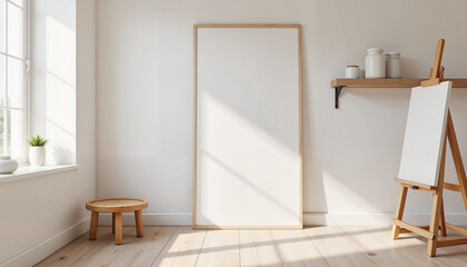 Minimalist studio space with easel and canvas, quiet inspiration