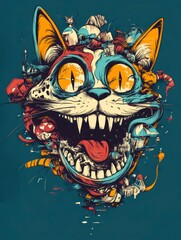 Colorful Cat Illustration with Unique Artistry and Whimsical Elements