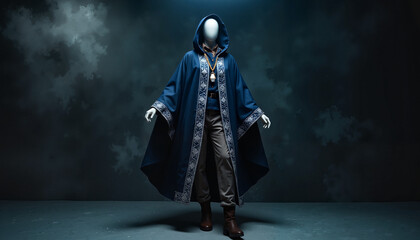 Naklejka premium Mysterious manikin in midnight-blue cloak against smoky backdrop, magic