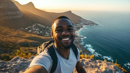 happy man hiking mountaintop ocean view selfie