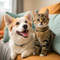 happy dog and cat friends posing together