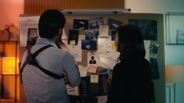 Two detectives work at an investigation board, discussing clues to solve a case