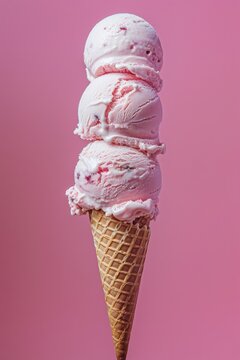 Three scoops of pink soft ice cream stacked on the waffle, bright pink background