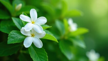 Fototapeta premium delicate white jasmine flowers on lush green bush, blooming flowers, plant life