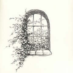 Arched Window Overgrown With Lush Climbing Ivy Vines