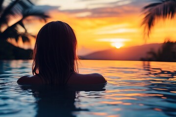 Fototapeta premium woman relaxing in a luxurious infinity pool during sunset