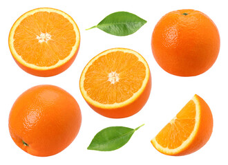 Orange fruit, half, slices  and leaf isolated, Orange fruit macro studio photo, transparent PNG, collection, PNG format, cut out.