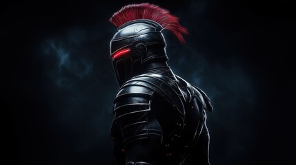  ancient soldier helmet with a bold, big dramatic red crest resembling Roman or Spartan warriors