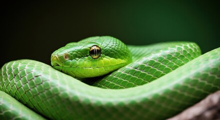 Obraz premium Close-up of a vibrant green snake resting on a branch