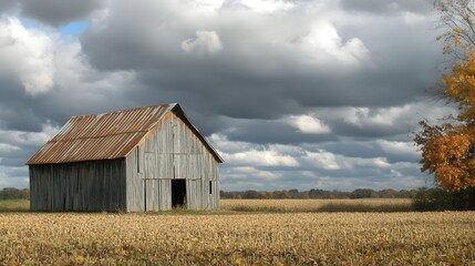 Rustic weathered wooden barn standing in a wide open field under a dramatic cloudy sky in a picturesque countryside landscape
