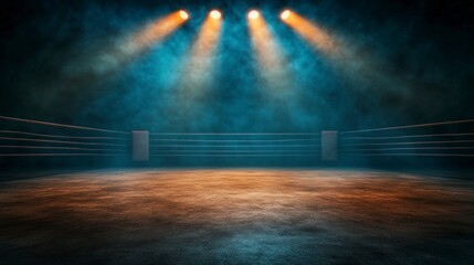 Naklejka premium 3D rendering of an empty boxing ring illuminated by spotlights