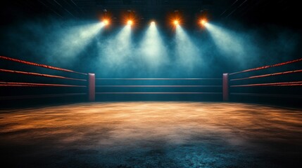 3D rendering of an empty boxing ring illuminated by spotlights