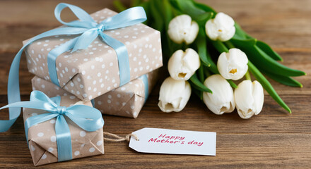Beautiful gifts and white tulips for Mother's Day celebration