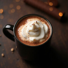 Rich hot chocolate topped with mini marshmallows served in a black mug on a wooden table with fairy lights in the background