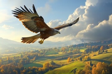 Red kite soars over farmland with wings outstretched, searching for prey in the open sky