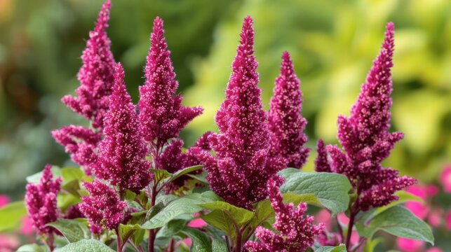 A close-up shot of amaranth flowers in bloom, their rich magenta and red petals standing out against a blurred green backdrop