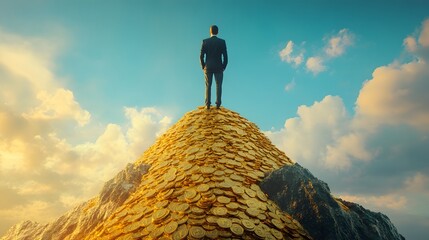 Businessman standing triumphantly on a mountain peak with a scenic landscape in the background, symbolizing success and adventure in nature