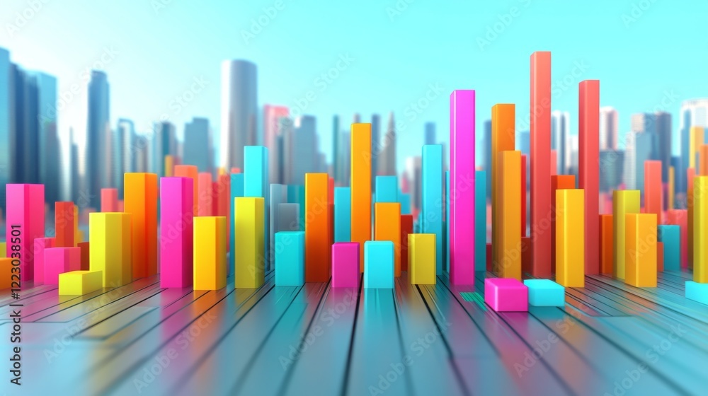 Poster A transparent D bar chart with vibrant bars of varying heights on a light background, creating a visually appealing, professional data presentation
