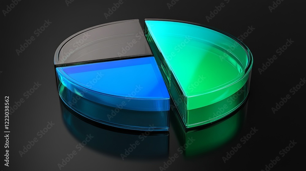 Poster A transparent pie chart with vibrant blue and green segments, arranged in a circular layout on a dark reflective background, showcasing depth and clarity