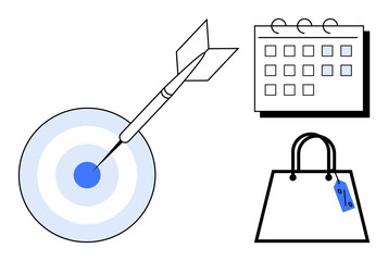 Target hit by an arrow, calendar with marked dates, shopping bag with tag. Ideal for business planning, goal setting, marketing strategies, productivity, time management, sales targets success