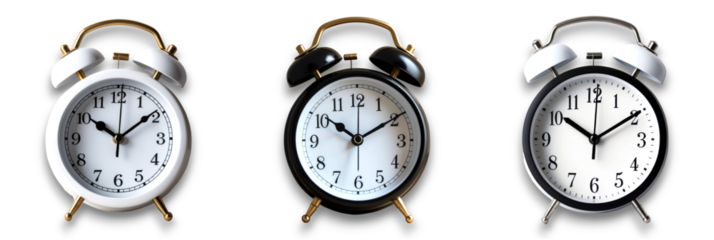 Isolated alarm clocks on transparent background, showcasing vintage style